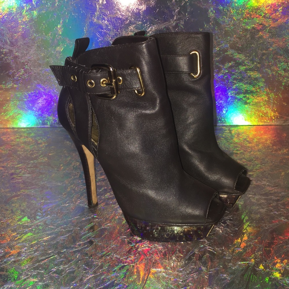 Bebe Platform high heel boots brown and gold, Sz 7